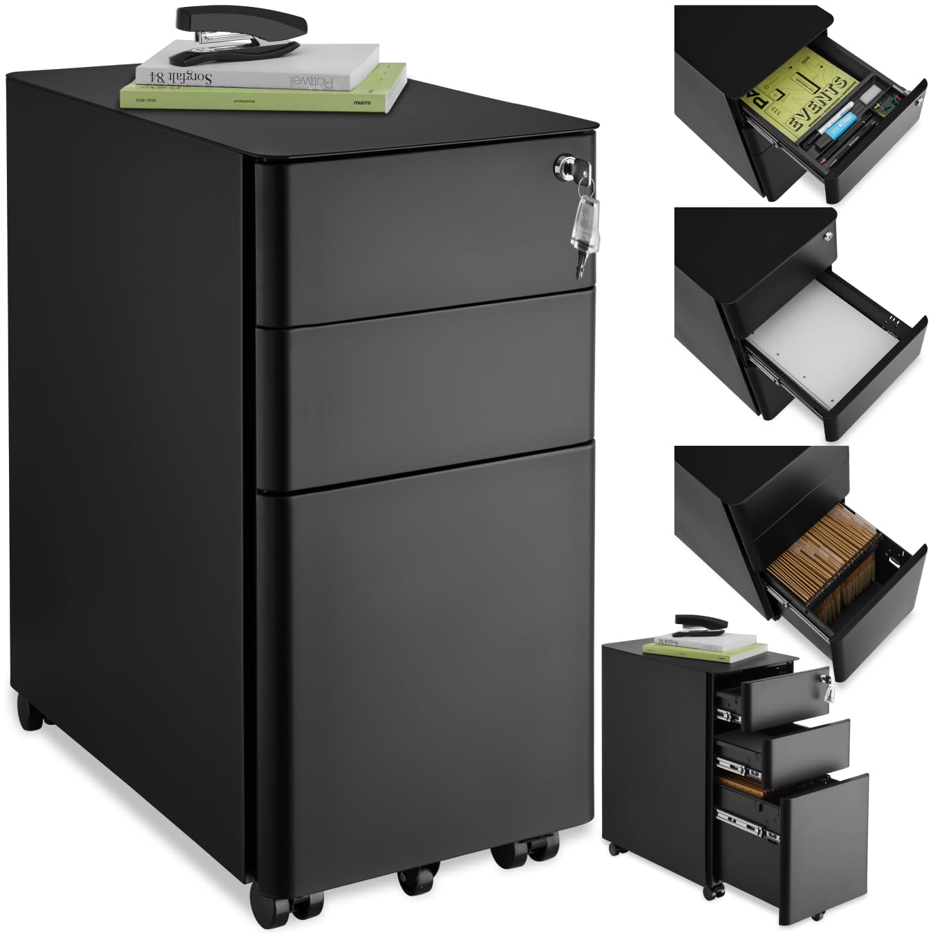 tectake® Caisson Bureau Meuble de Rangement Armoire de Bureau métallique Industriel 30x50x59,5 cm Verrouillable Meuble tiroir Rangement Bureau avec 3 Tiroirs pour Rangement Papier administratif