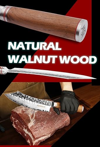 Miniatura 6 de YOUSUNLONG Cuchillo de carnicero japonés VG10 de 8 pulgadas de acero de damasco martillado con mango de madera de nogal natural