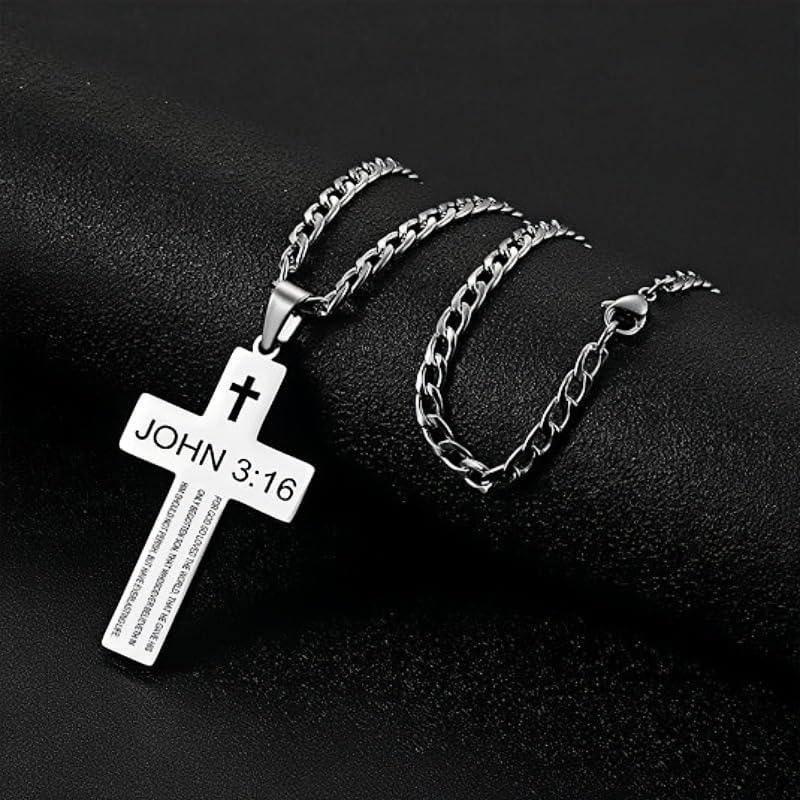 Cross Necklace With Bible Verse John 3 16 For Men Women Silver Christian Inspirational Religious Faith Baptism Stainless Steel Jewelry Gift Cuban Chain 24 inch - Image 2