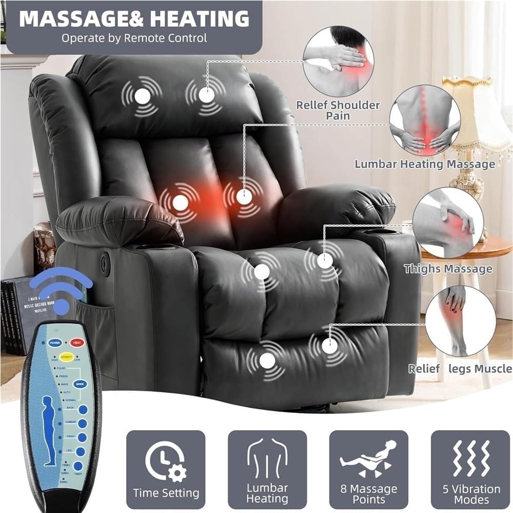 Mens Electric Lift Recliner Sofa Chair Massage Heat USB Charging Comfortable Genuine Leather Upholstered Heavy Duty Living Room Seating Black for Elderly Adults