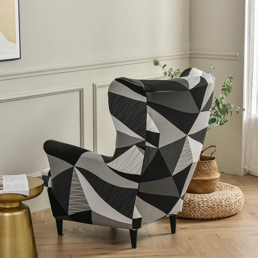 Ohrensessel Bezug 2-teilig, Stretch Sesselüberzug mit Kissenbezug, bedruckter Spandex Sesselbezug, waschbarer Ohrensessel Überzug für Wohnzimmer, Schlafzimmer Dunkelgrau Einheitsgröße