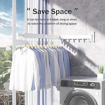 Clothes Drying Rack Wall Mounted, Foldable Clothes Airer with Hooks, Retractable Laundry Drying Rack Indoor Folding, Space Saver Clothes Drying Hanger Racks (White - Three Rod - 114cm)
