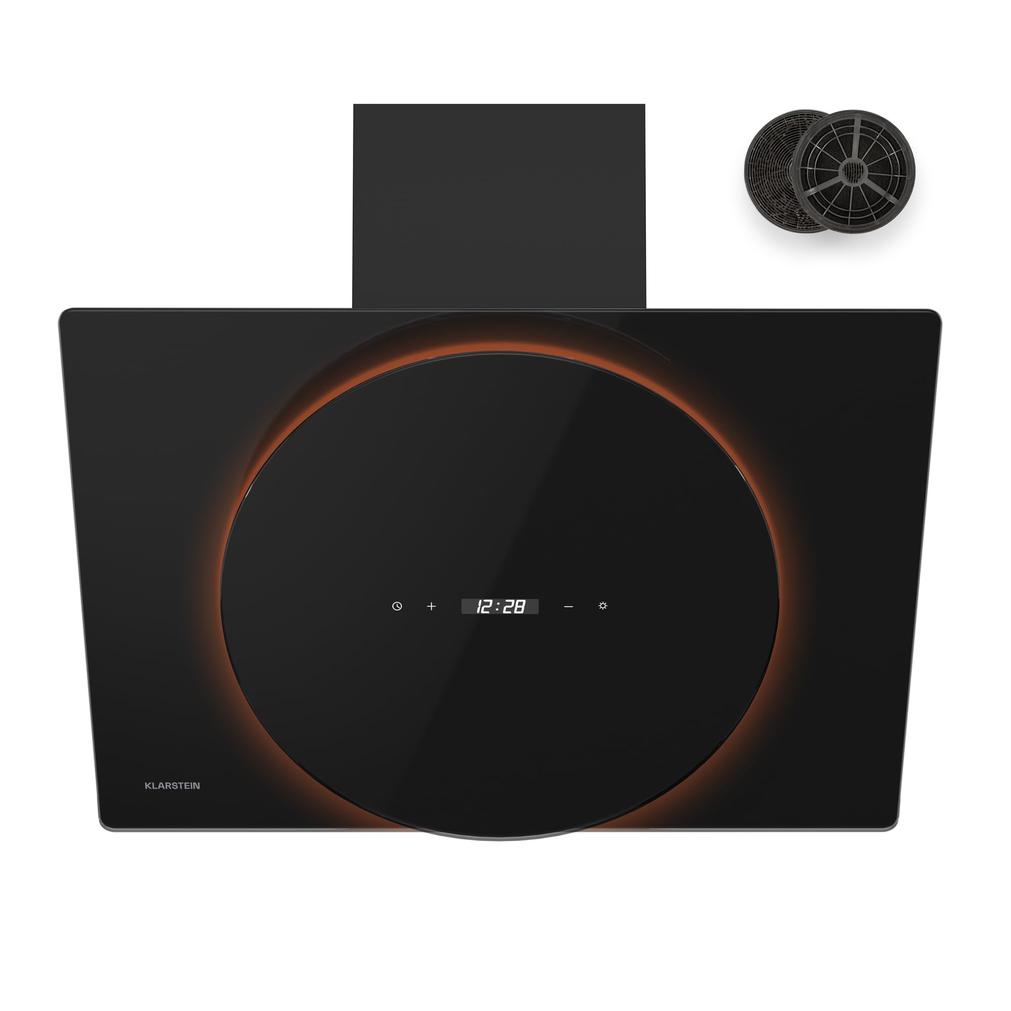 Klarstein Total Eclipse Okap kuchenny - Okap skośny 60 cm, Oświetlenie LED 3000 K-6500 K, 600 m³/h, Sterowanie dotykowe, Klasa energetyczna A, 61 dB, Recyrkulacja i wyciąg, Czarny