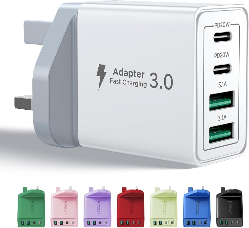 USB C Plug Fast Charge, 40W 4-Port Multi USB Charger Plug UK Dual Port PD Power Adapter +QC Wall plug Multiport Mains Type C Charging Plug for iPhone 17 16 15 14 13 12 11 Pro Max XS XR 8, Samsung, Pad