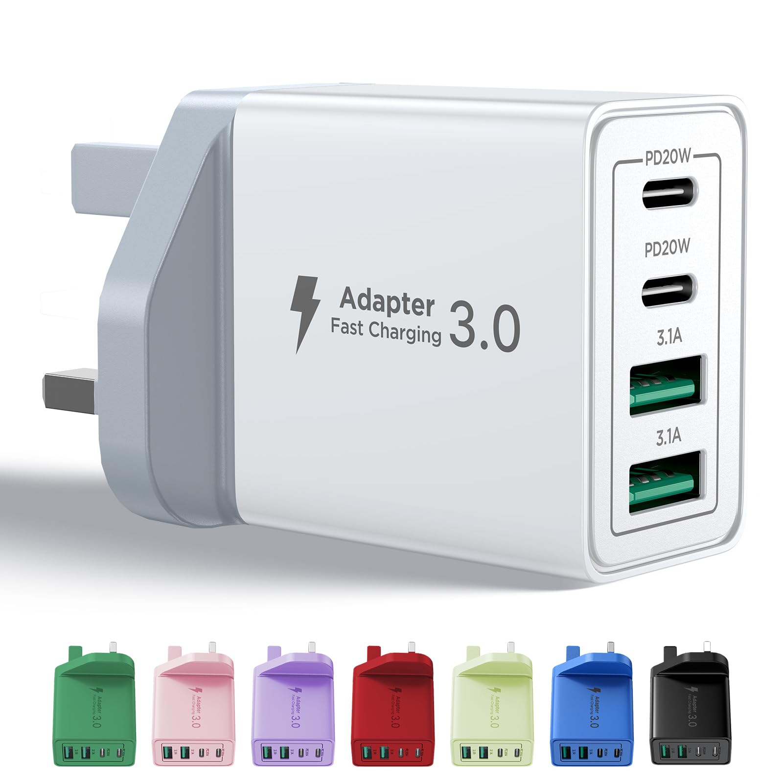 USB C Plug Fast Charge, 40W 4-Port Multi USB Charger Plug UK Dual Port PD Power Adapter +QC Wall Plug Multiport Mains Type C Charging Plug for iPhone 16 15 14 13 12 11 Pro Max XS XR 8, Samsung, iPad