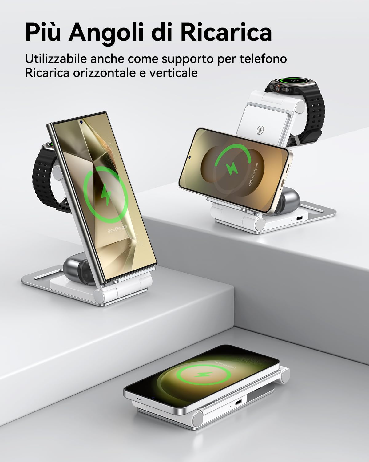 Caricatore Wireless 3 in 1 Ricarica per Samsung Galaxy S26/S25/S24/S23/S22/S21/S20 Series, Z Flip/Z Fold 7/6/5/4/3, Pieghevole per Galaxy Watch 8/Classic/Ultra/7/6/5/Pro/4, per Galaxy Buds 20W