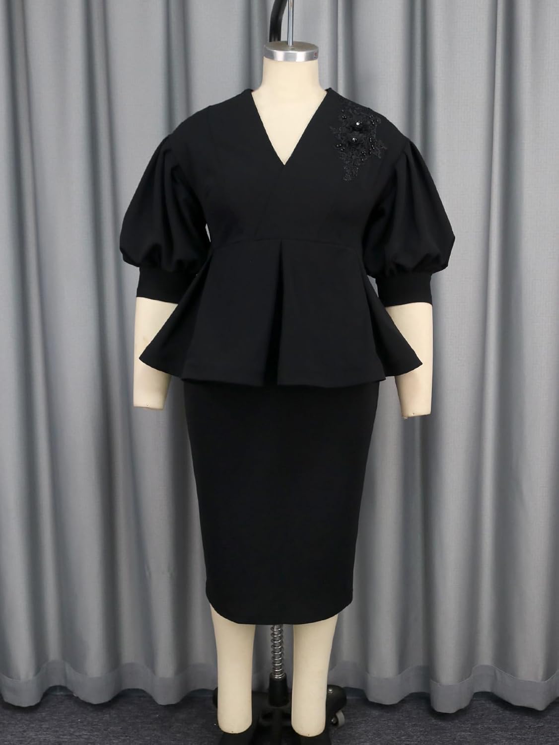 AOMEI Business Suit Sets for Women 2 Piece Outfits Floral Applique Peplum Tops Pencil Midi Skirt Set Formal Church Suits - Image 4