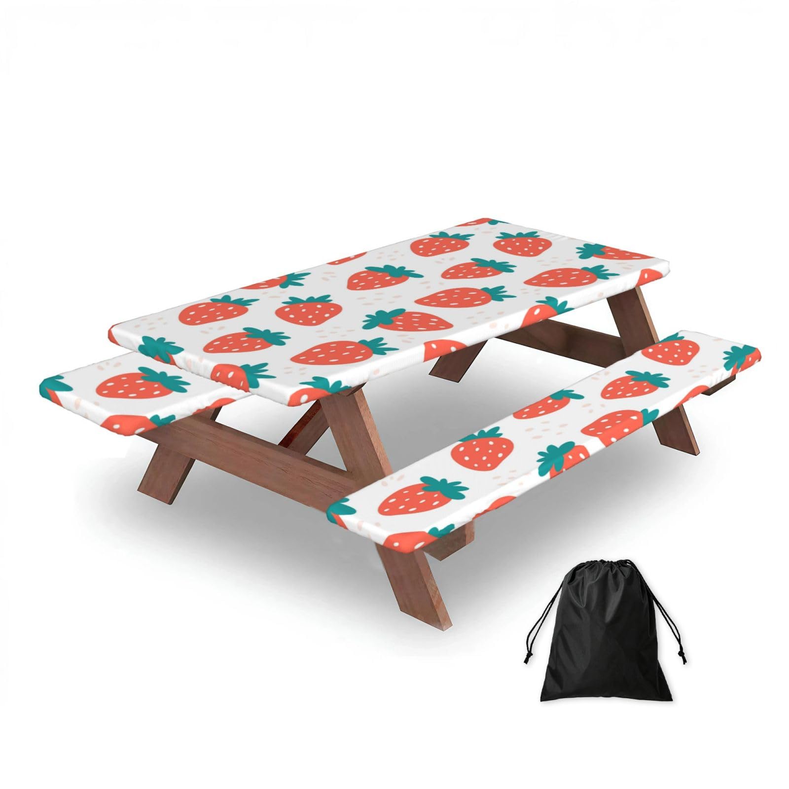 Dopklna As Picture Strawberry, Picnic Table Cover With Bench Covers -Waterproof Elastic Fitted Tablecloth For Garden Camping Patio 76X152cm