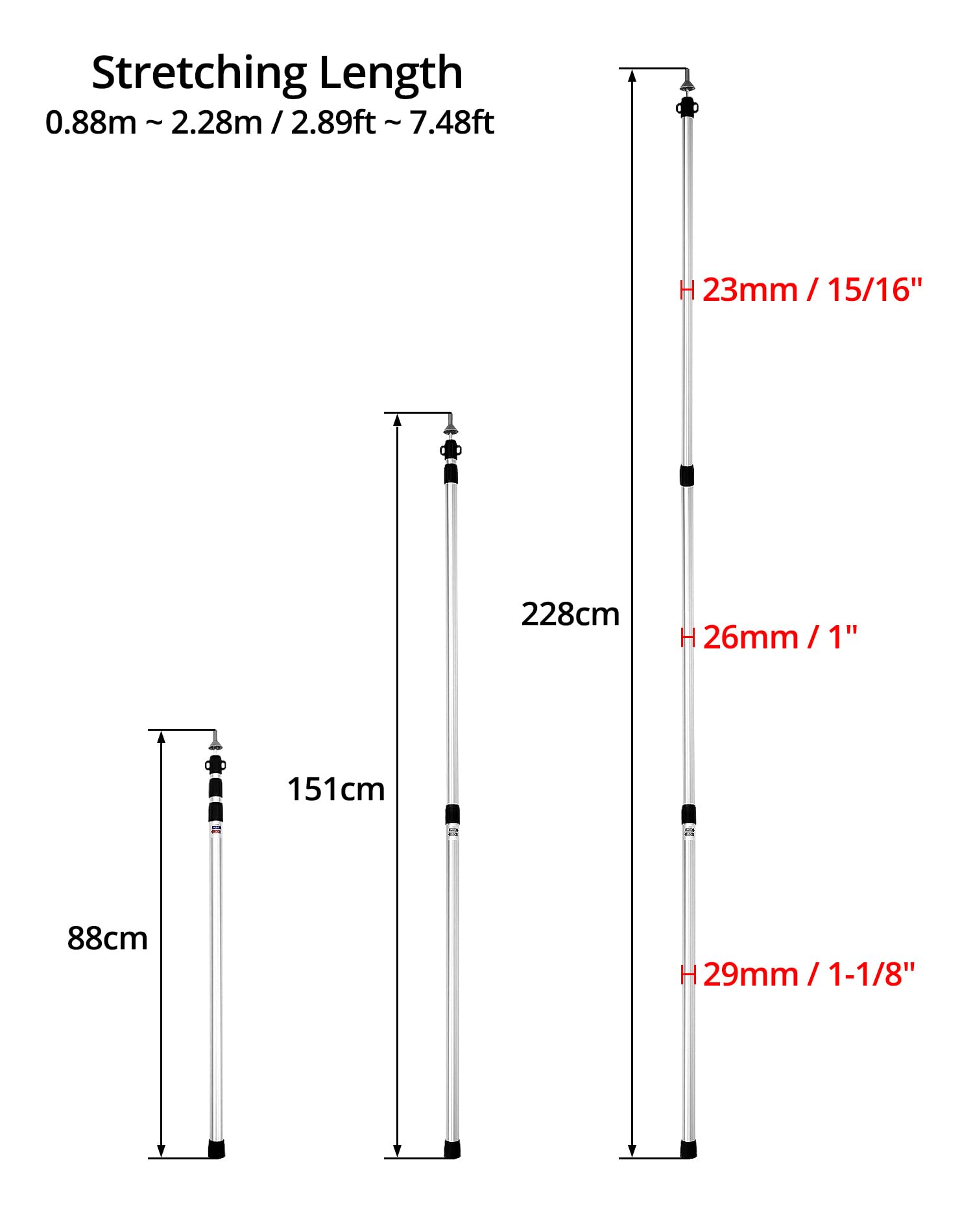 QWORK® Poteaux de Tente Telescopique 95-230 cm, Barre de Fixation en Aluminium pour Tentes, Bâches, Auvents, Voile d'Ombrage