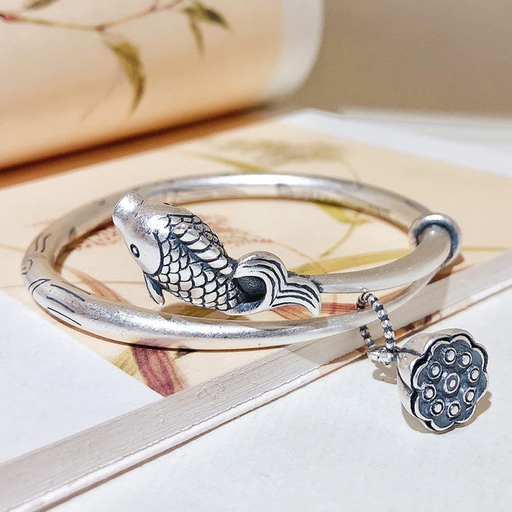 Fußkettchen Mode Dekoration Armbänder Silber Fußkettchen for Frauen, 925 Sterling Silber Armreif Vintage Ethnisch Doppel Fisch Anhänger Manschette Armreif Verstellbares Offenes Amulett Armband Ewigkei