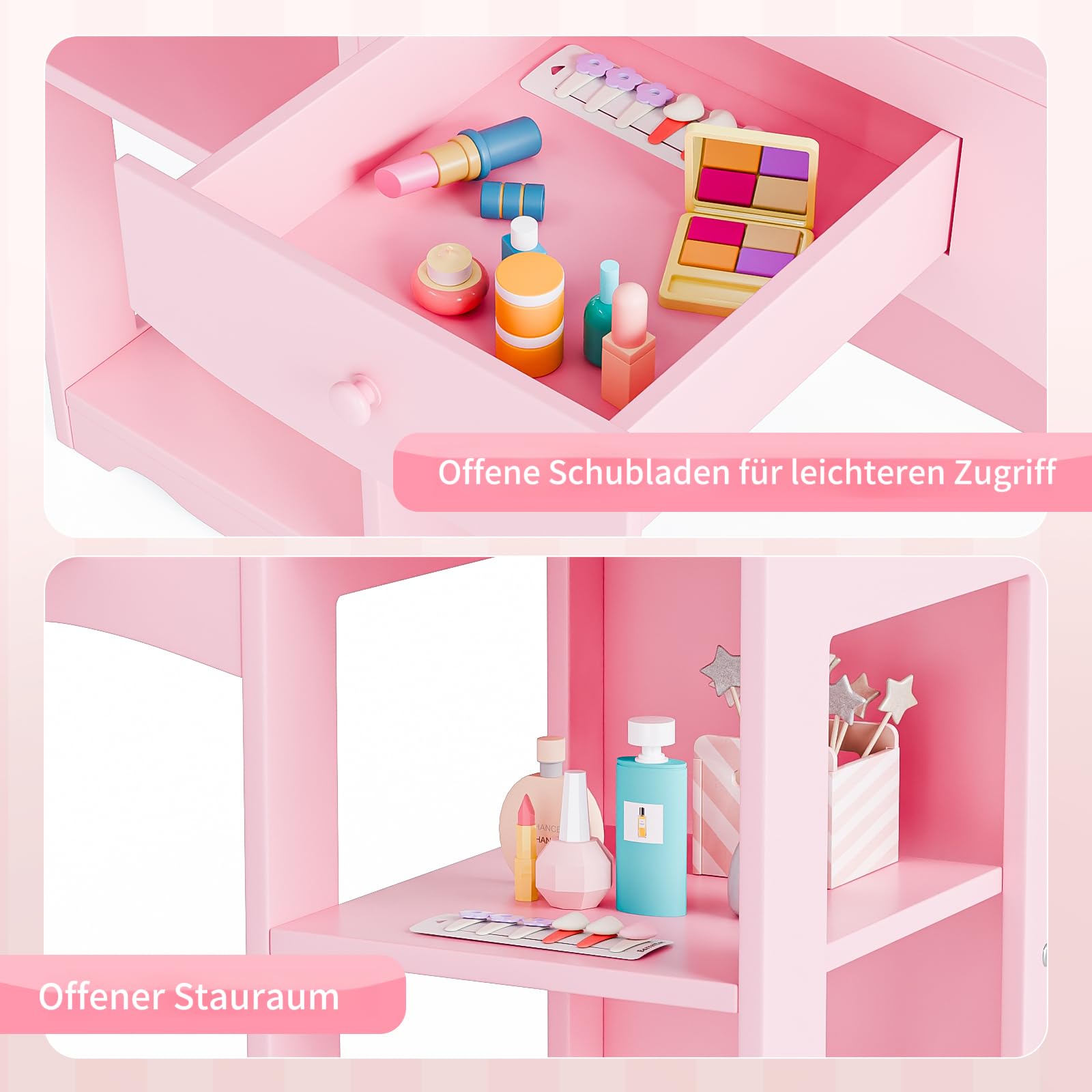 Bonnlo Schminktisch mit Hocker und Abnehmbarer Spiegel, Kindertisch mit Aufbewahrungsboxen und offenen Fächern, für Mädchen ab 3 Jahren, Rosa