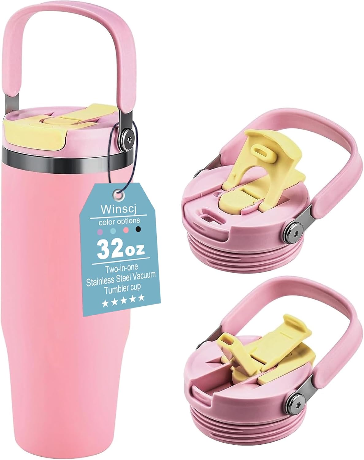 32 oz Tumbler with Handle and Flip Straw,Fits in Cup Holder,Leak Proof Stainless Steel Vacuum Water Bottle,Reusable Insulated Stainless Steel,Suitable for Home Gym Trave Easy to Carry(Pink)