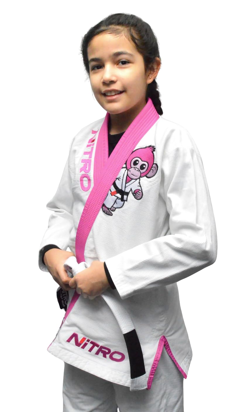 Nitro Fight Wear - Girls Kids Premium BJJ Gi - FREE WHITE BELT - Pink Lapel - Lightweight - Monkey - Brazilian Jiu Jitsu Girl's Uniform (M1)