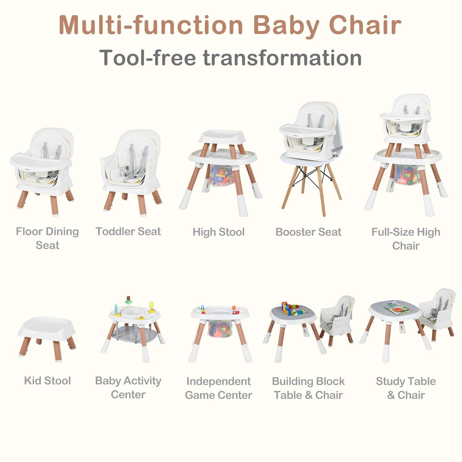 INFANS 9 in 1 High Chair, Convertible Baby Highchair for Babies and Toddlers, Table and Chair Set Building Block Infant Dining Booster Seat, Kids Stool with Activity Children Play Kitchen (Beige)