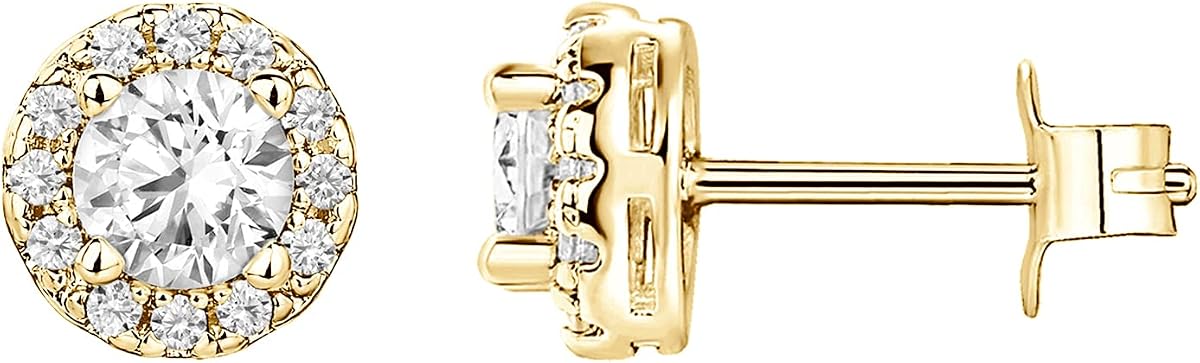14K Gold Plated 925 Sterling Silver Post Brilliant Round Faux Diamond Halo Earrings - Premium Cubic Zirconia