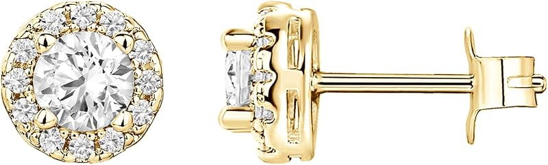 14K Gold Plated 925 Sterling Silver Post Brilliant Round Faux Diamond Halo Earrings - Premium Cubic Zirconia