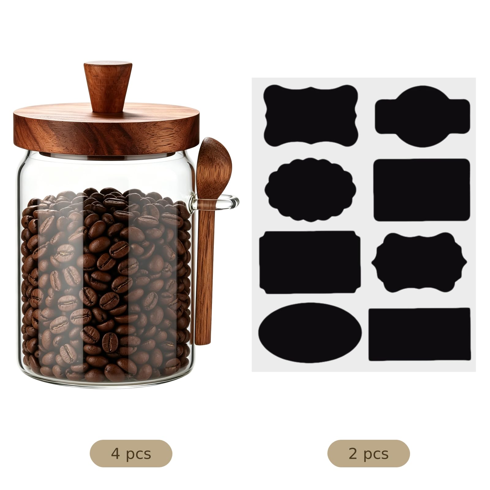 4 Stk. Glas-Kaffeebehälter mit Löffel und Etiketten, 600 ml Borosilikat-Gläser mit luftdichtem Silikonring und Holzdeckel, Vorratsglas für Zucker, Tee, Bohnen, Snacks, 8,9 x 16 cm