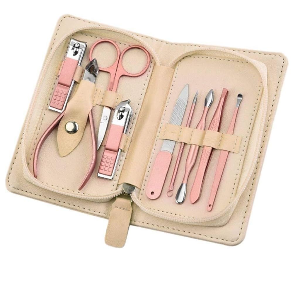 Set tagliaunghie Tagliaunghie professionale strumento di bellezza, set manicure in acciaio inossidabile, adatto come regalo di viaggio a casa (Oro rosa | 9 pezzi) forbici per unghie maschili e femmini