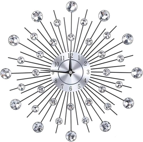 SOONHUA Reloj de pared moderno con diamantes de cristal, reloj de pared de lujo con flores, reloj de metal silencioso para sala de estar,