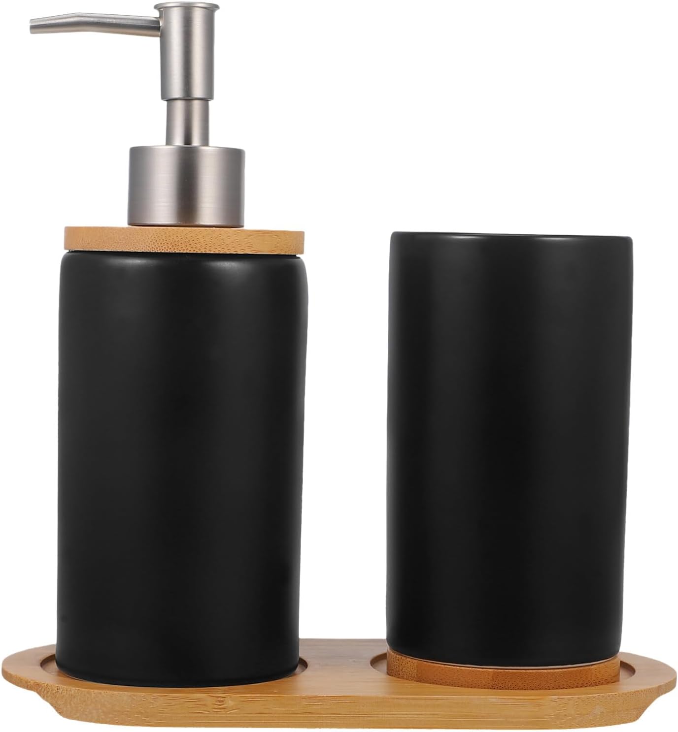 Cabilock Ceramic Soap Dispenser Set with Bamboo Tray Pump Liquid Soap Shampoo Bottle Refillable Empty Lotion Bottle for Kitchen Bathroom 350ml 430ml