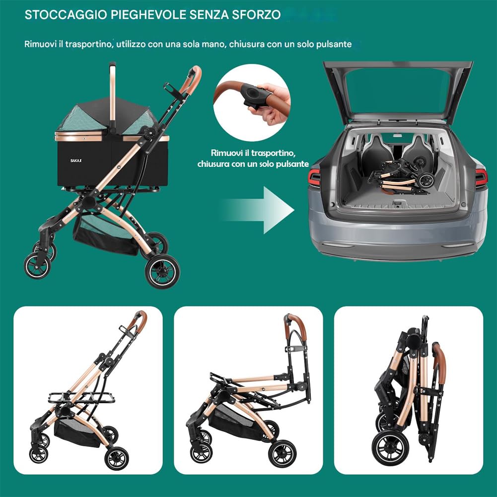 BAKAJI Cochecito para perros y gatos 2 en 1 con capazo extraíble y cierre ahorra espacio, cochecito para mascotas con cápsula transportín extraíble y techo abatible, peso máx. 50 kg (negro)
