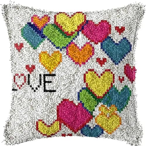 Image of ZFFLYH Colorful Heart Latch Hook Pillow Kits for Adults Pre-Printed Cushion | Home Sofa Cushion Cover Preprinted Canvas Crochet Yarn Kits Needlework Crafts Festival Gift for Adults Beginner 17X17 Inch