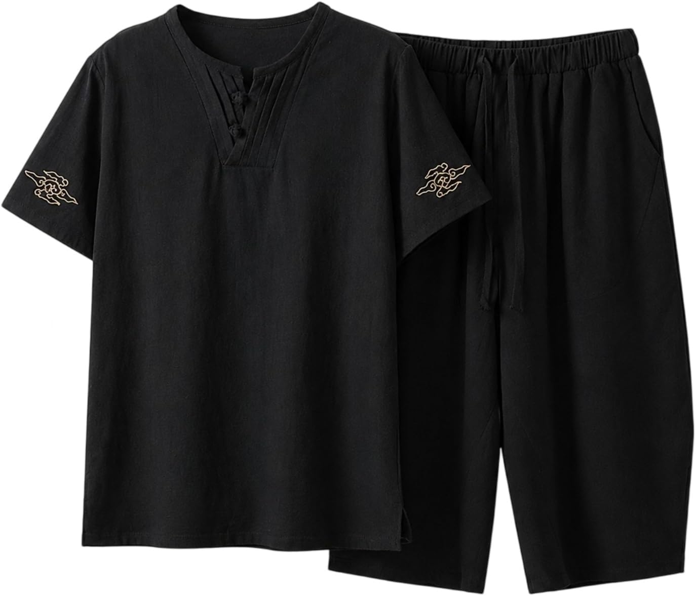 Men's Cotton Short Sleeve T-Shirt Set Chinese Style Embroidered Top and Capri Pants Casual 2 Piece Outfit