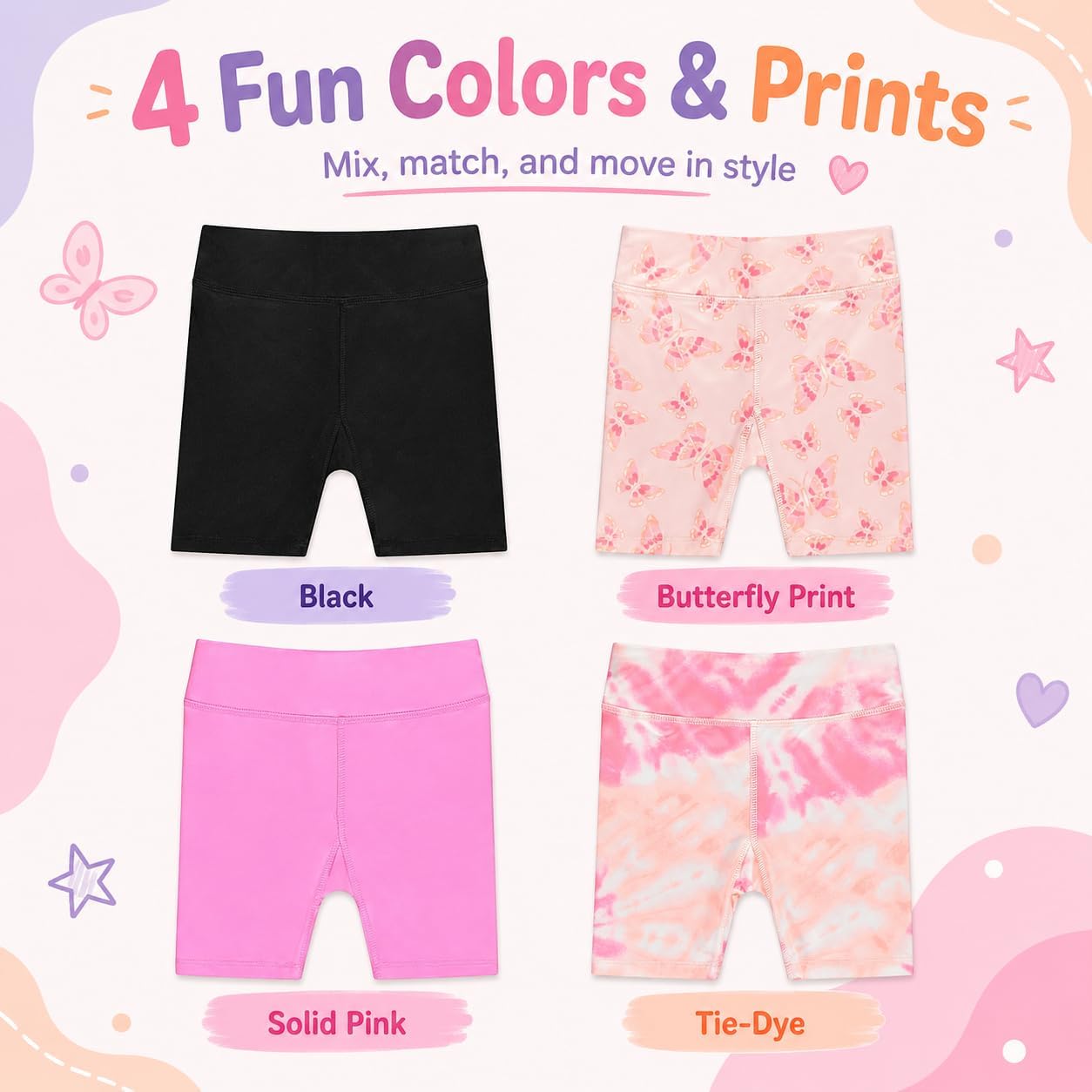 BTween Girls 4 Pack Bike Shorts Stretchy, Soft High Waist Athletic Shorts for Kids with Fun Prints Colors