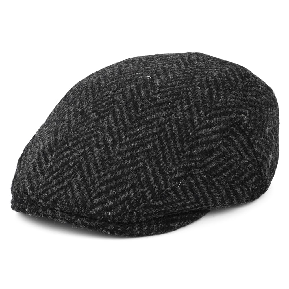 Jaxon & James Heavyweight Donegal Tweed Herringbone Drumbarron Flat Cap - Black-Charcoal M