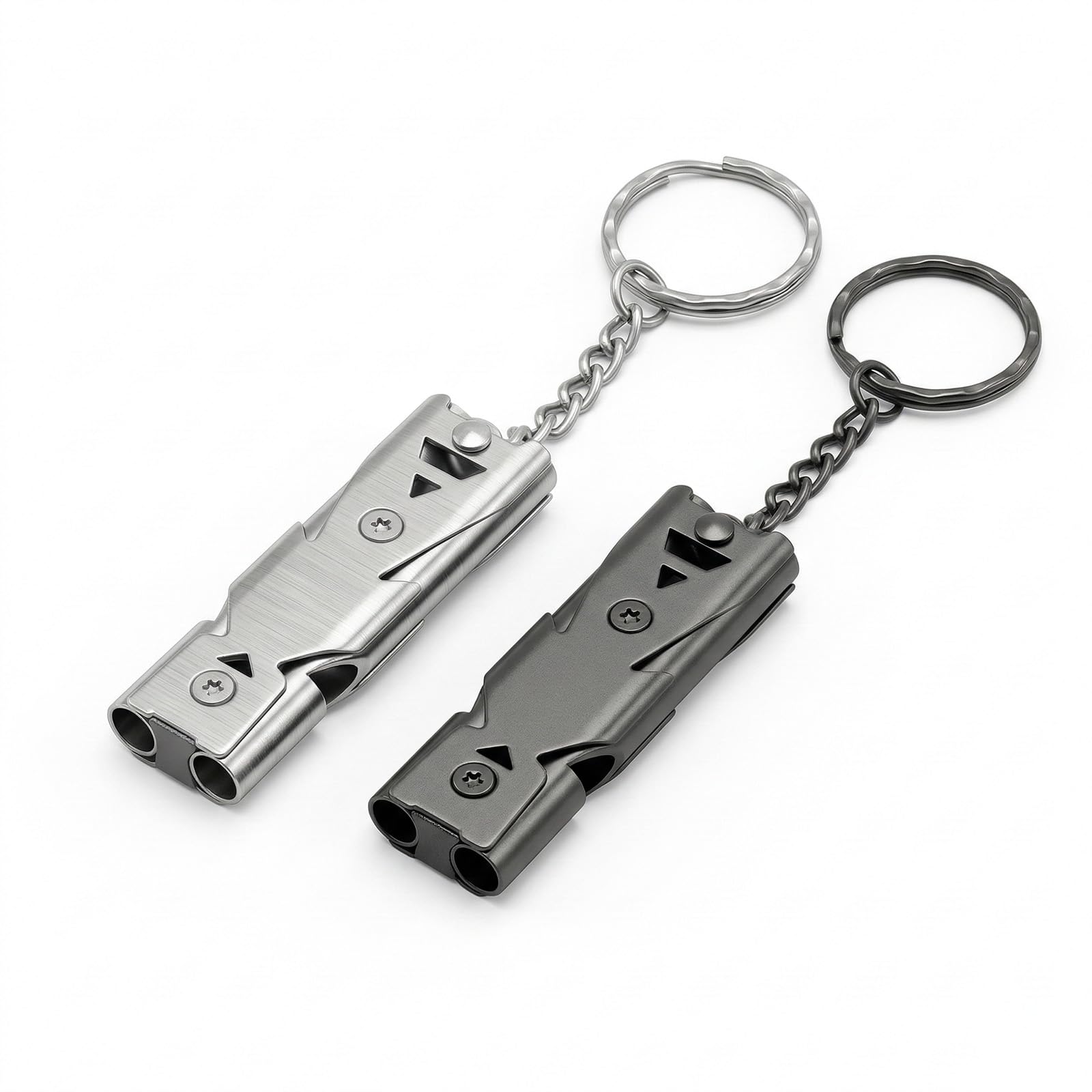 Notpfeife Aus Edelstahl Hochfrequenz Doppelrohr 80–150 dB Silber Und Gunmetal Für Outdoor, Notfall, Sport Und Signalgebung 2 Stück