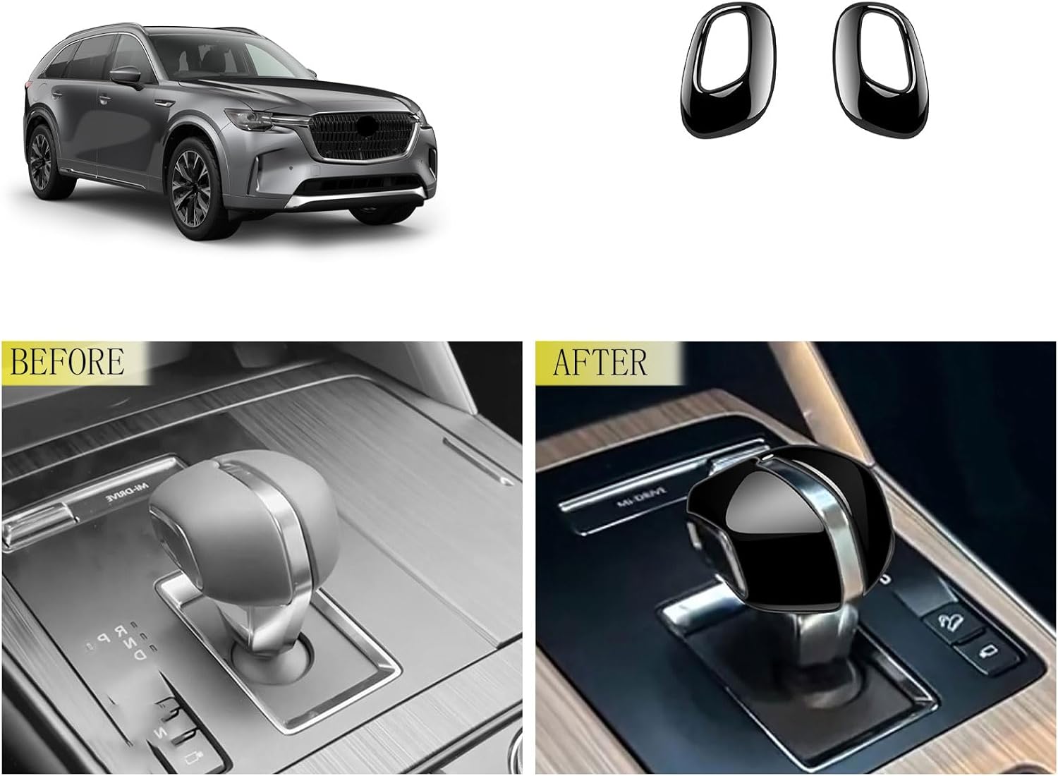 Gear Shift knob Cover Compatible with Mazda CX90 CX-90 2024 2025 2026 Center Console Shifter Trim Automatic Transmission Decoration Interior Car Accessories ABS 2PC(Glossy Black Style)
