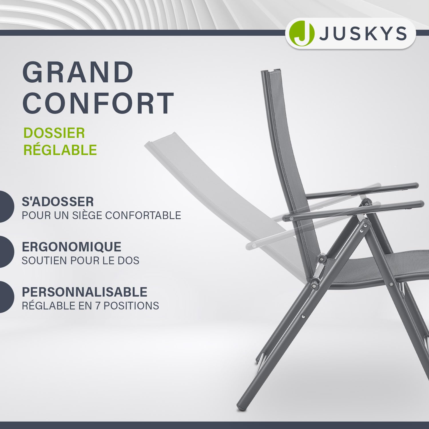 Juskys Chaise de Jardin Calena - Lot de 2 - Dossier 7 Positions, Pliable - Structure Acier thermolaqué, Tissu Respirant & Confortable