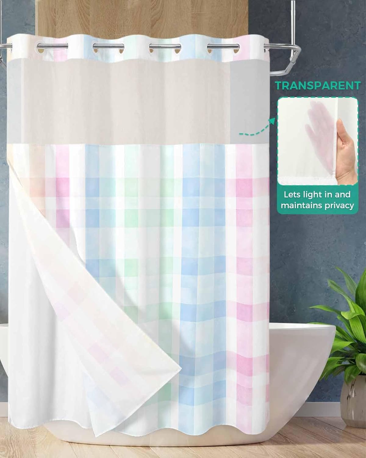 No Hook Shower Curtain and Snap in Liner Set, Blue Pink Plaid Bathroom Stall Shower Curtains 48x72 Inch, See Through Mesh Top Window, Pastel Green White Buffalo Patchwork Hotel Style, Waterproof