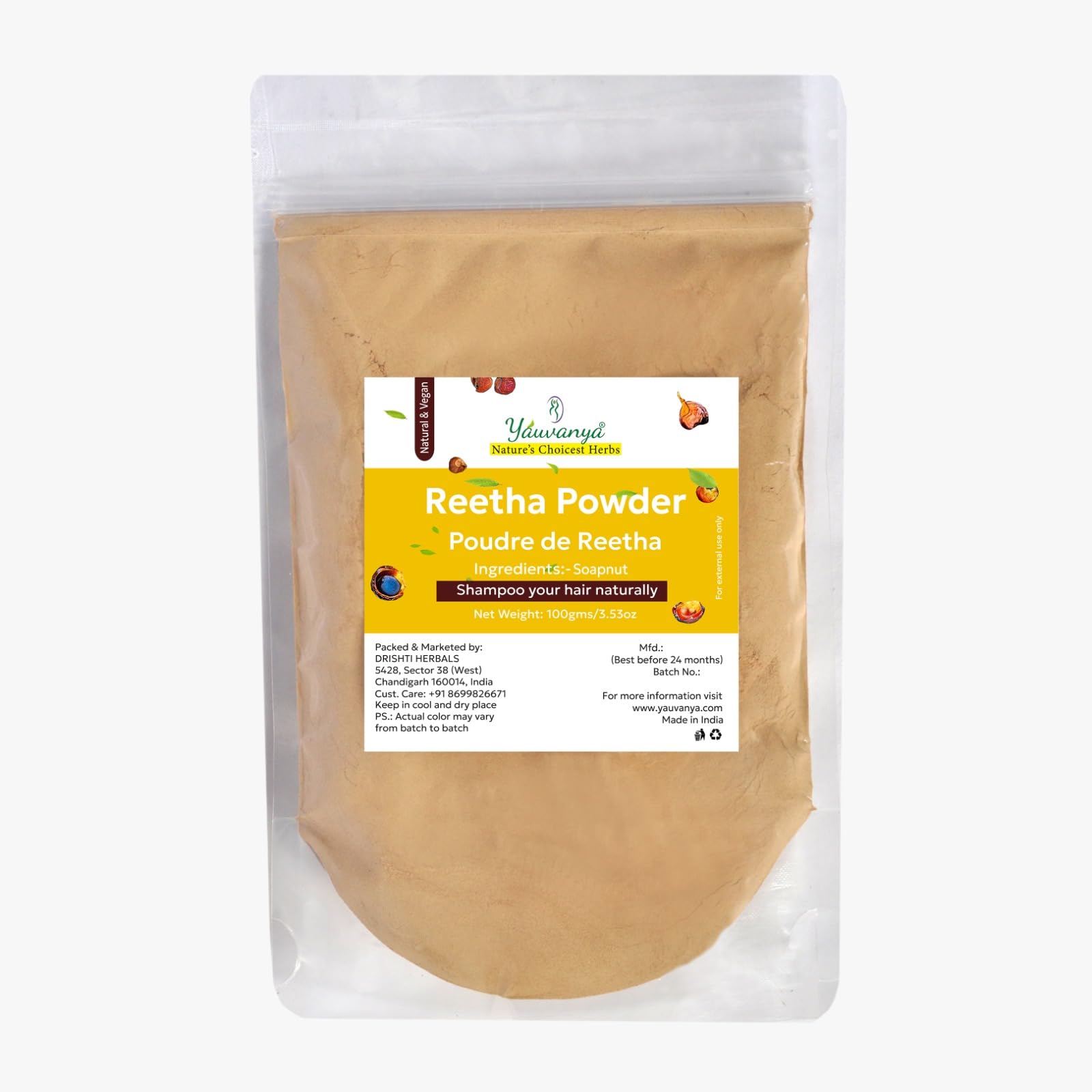 Reetha/Aritha/Soapnut (Sapindus mukorossi) Powder, Natural Hair Cleanser and Nourisher - 100 gms