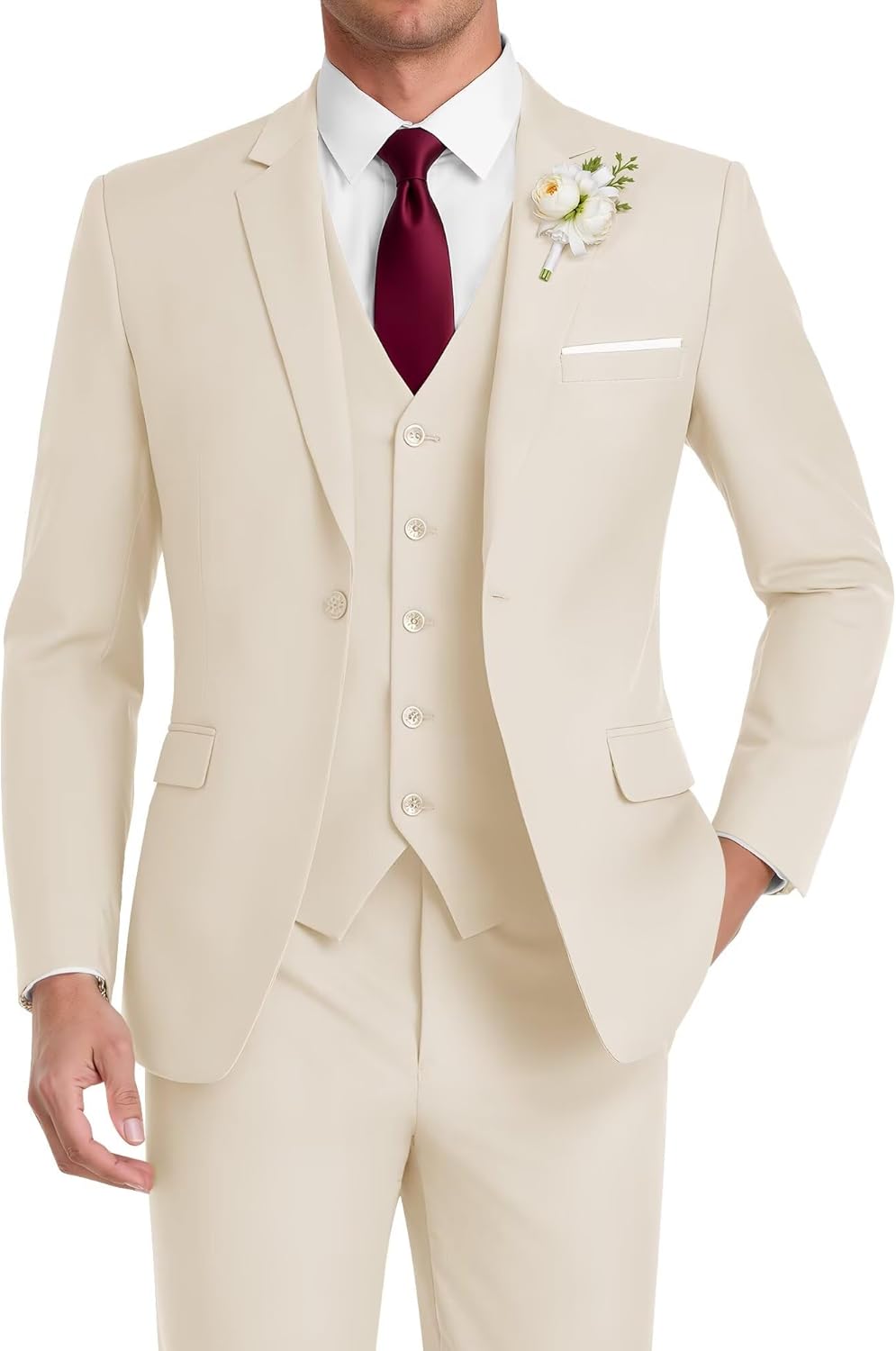 HUUTOE Men's 3 Piece Suits Slim Fit, Wedding Groomsmen Prom Business Suit, One Button Blazer Jacket Vest and Pants Tuxedo Set