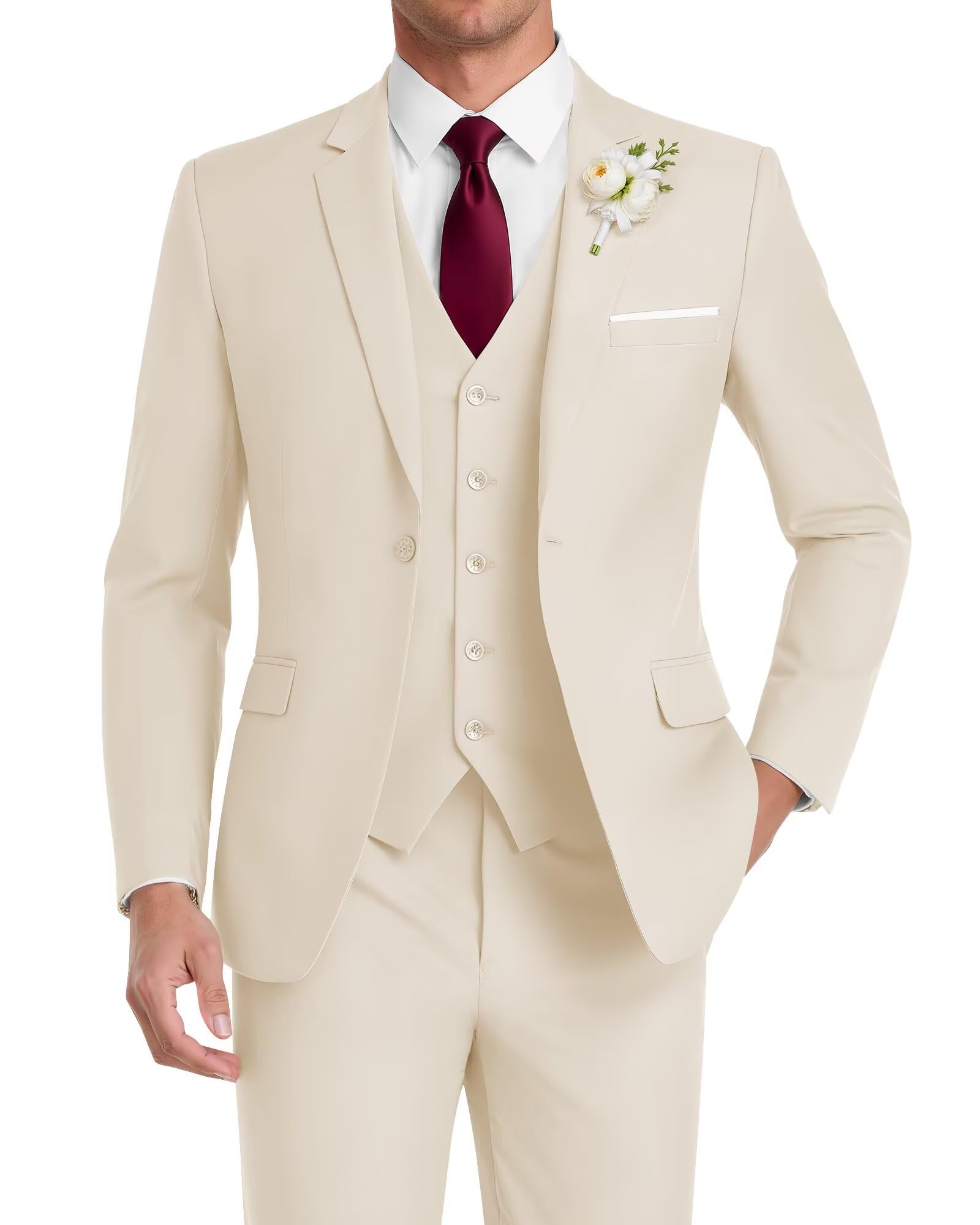 HUUTOE Men's 3 Piece Suits Slim Fit, Wedding Groomsmen Prom Business Suit, One Button Blazer Jacket Vest and Pants Tuxedo Set