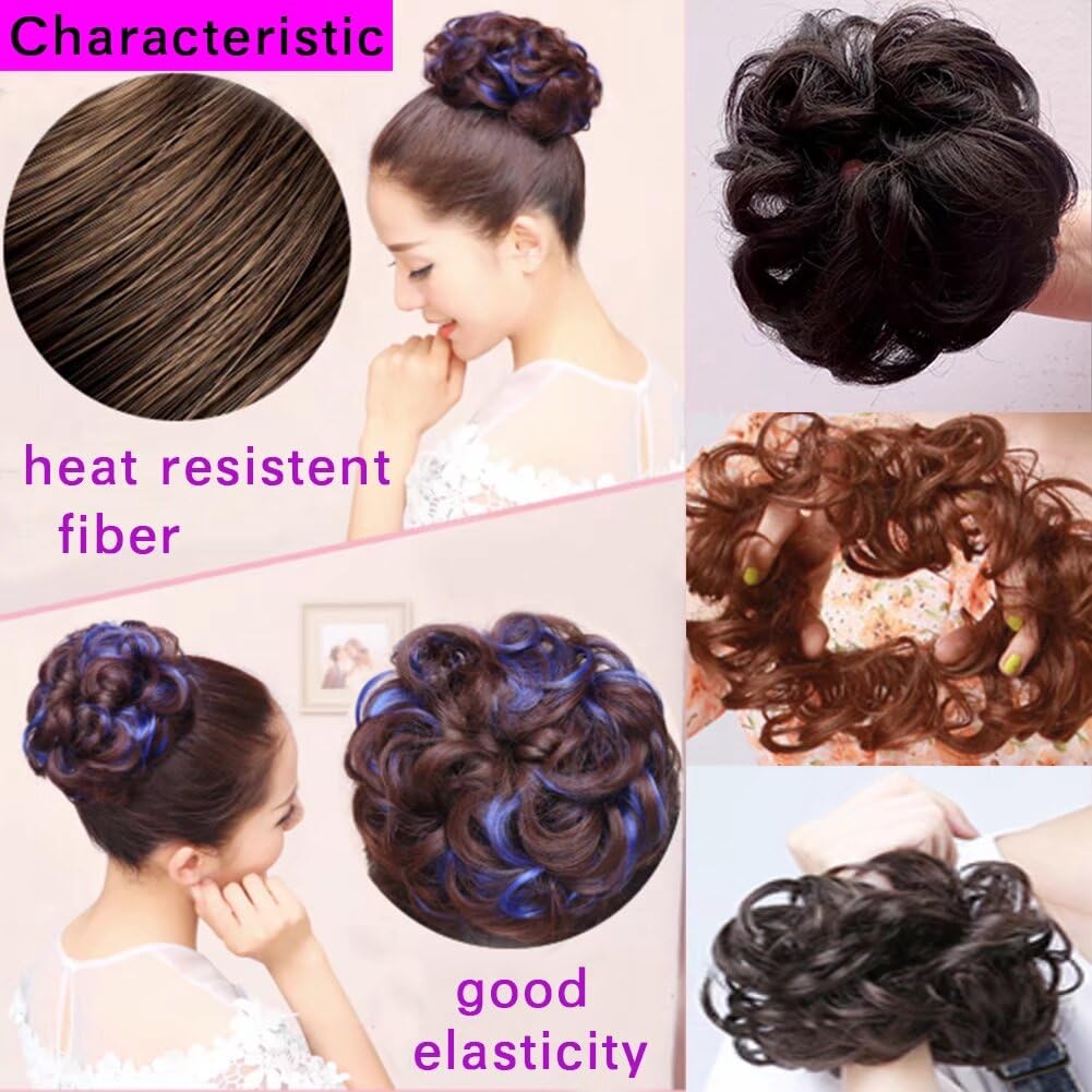 LaLuLoLi Dark Brown Highlight with Hot Pink Messy Fake Hair Bun Extensions Synthetic Chignons Hair Scrunchie Scrunchy Updo Hairpiece Ponytail for Women 2pcs/pack - Image 3