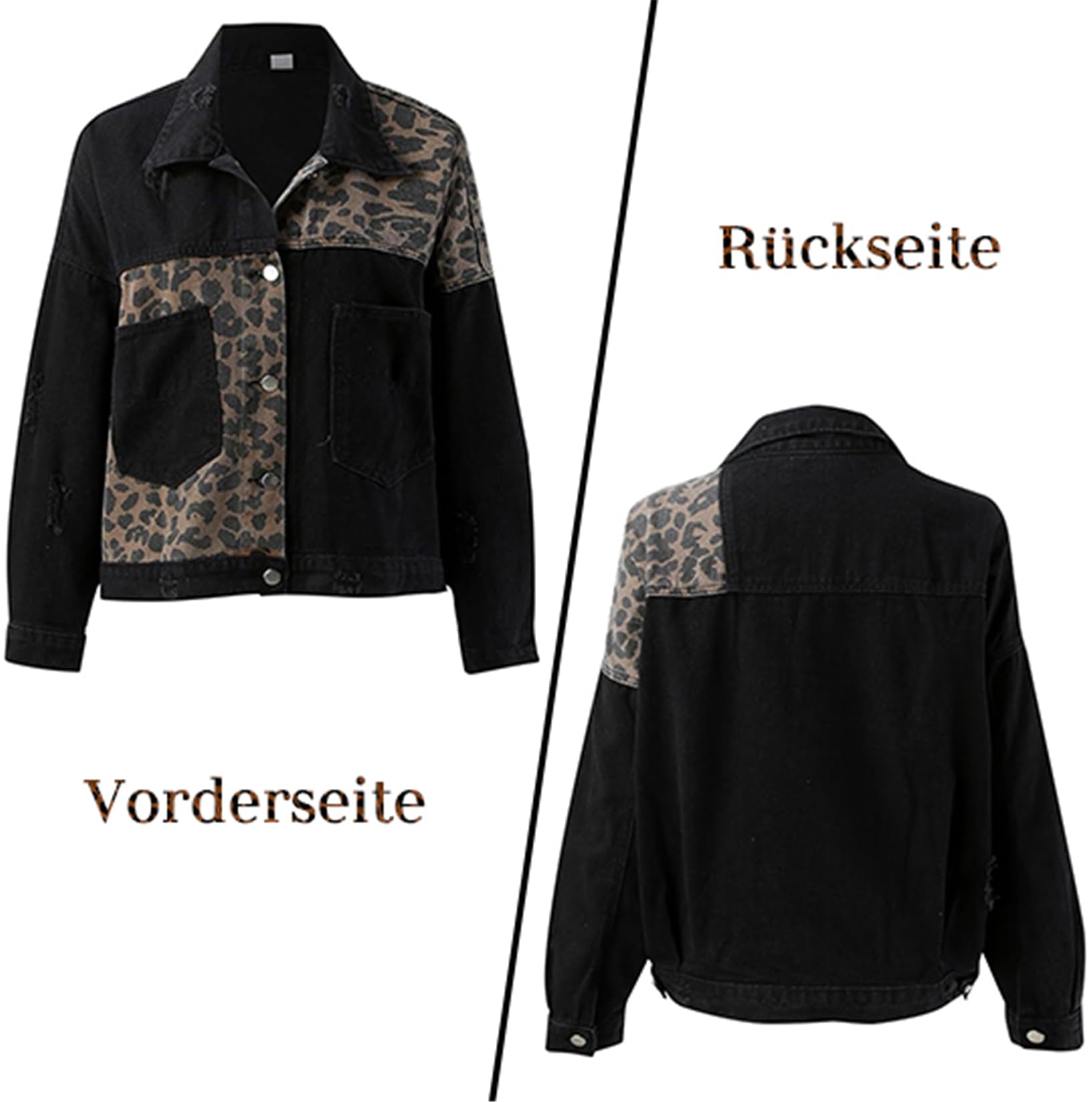 Damen Vintage Jeansjacke Leopard Denim Jacke Button Down Jeans Freizeitjacke mit Taschen