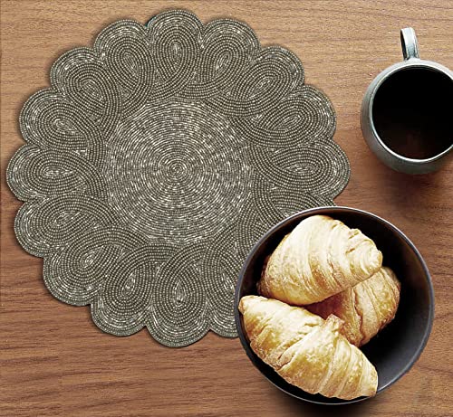 Beaded Placemat Set Of 2 - Scalloped Round Hand Beaded Charger Placemat - Gun Metal - 13 Inch Round - Hand Made By Skilled Artisans - A Beautiful Complement To Your Dinner Table Décor #TOP2