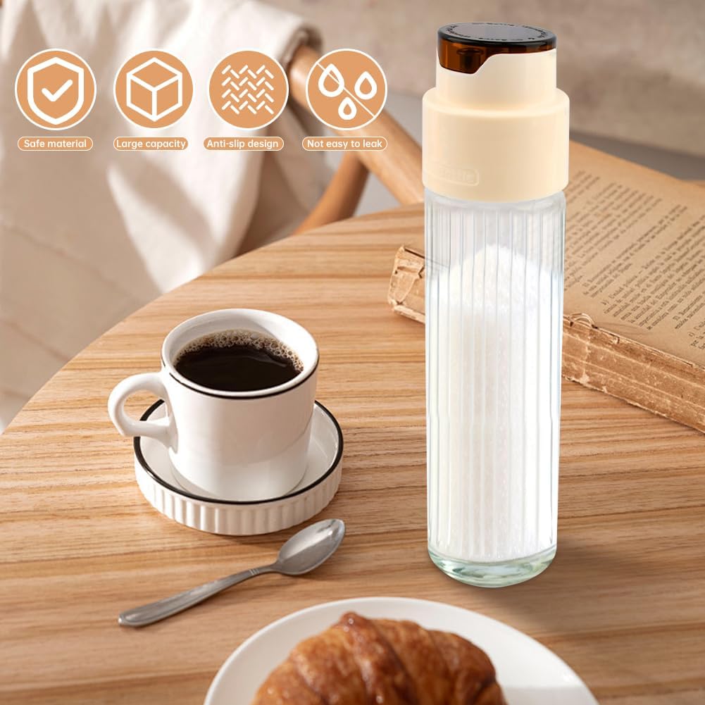 16.9 OZ Sugar Dispenser with Automatic Pouring Switch, Large Capacity Glass Jar for Coffee Creamer, Salt, Glass Sugar Dispenser with Stickers for Home, Kitchen, Coffee Station(COLOR:white)