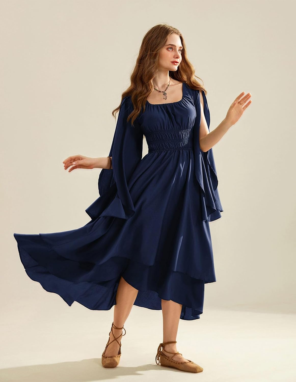 Scarlet Darkness Women Renaissance Costume Split Bell Sleeve Double Layered High Low Dress - Image 6