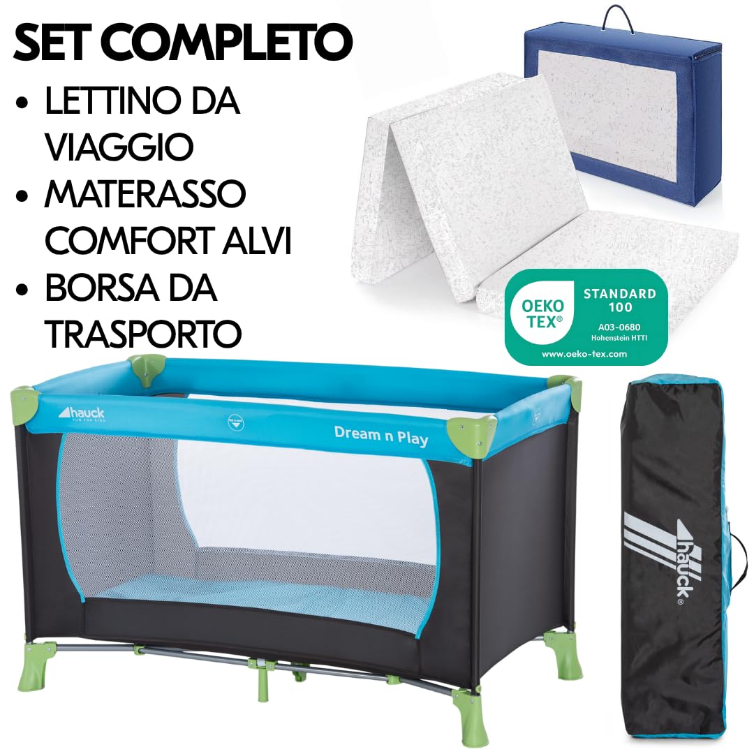 hauck Set Dream N Play Culla da Campeggio con Materasso 120x60cm - Culla neonato da Viaggio Pieghevole - Lettino da Campeggio per Bambini con Borsa - Blu Acqua