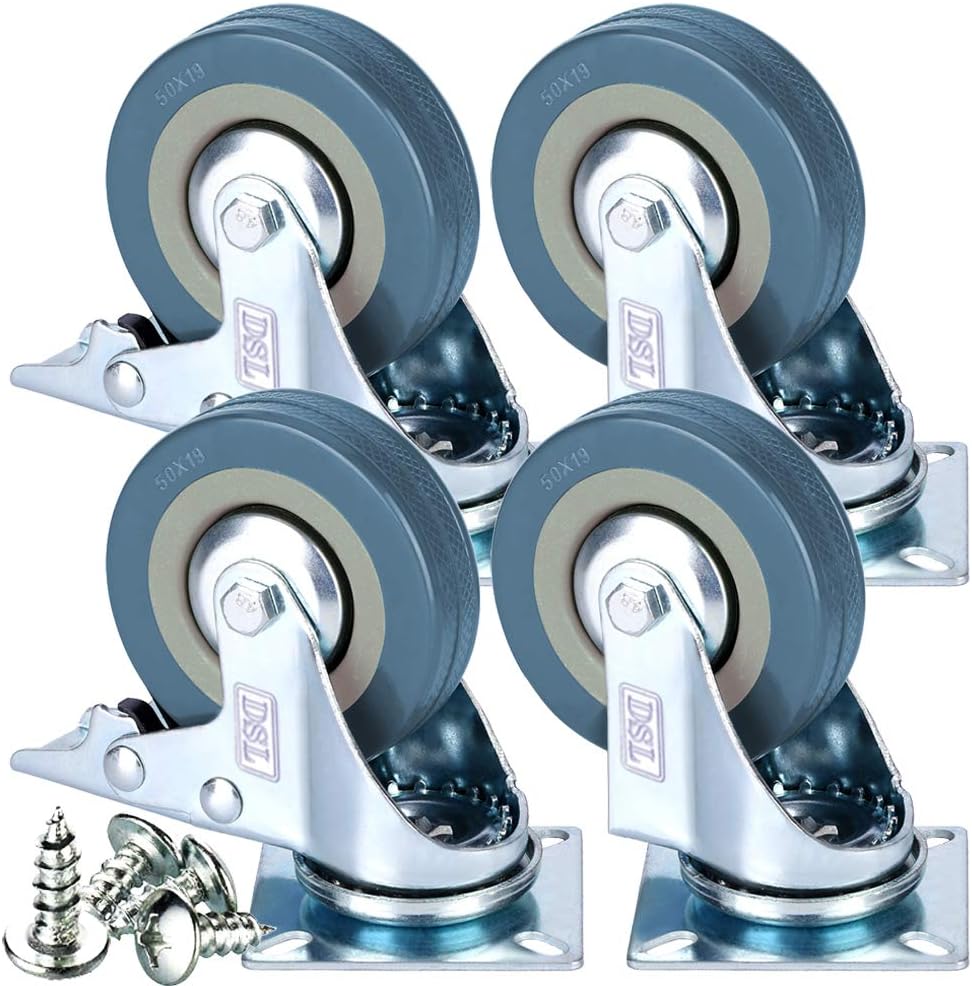 DSL Heavy Duty Braked 50mm Swivel Castor Wheels Trolley โ Caster Wheels Set of 4 โ Rubbered Castors for Furniture โ Upto 200KG + Free Fitting