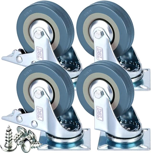 4 x Heavy Duty Braked 50mm Rubber Swivel Castor Wheel Trolley 200KG + Free Fitting