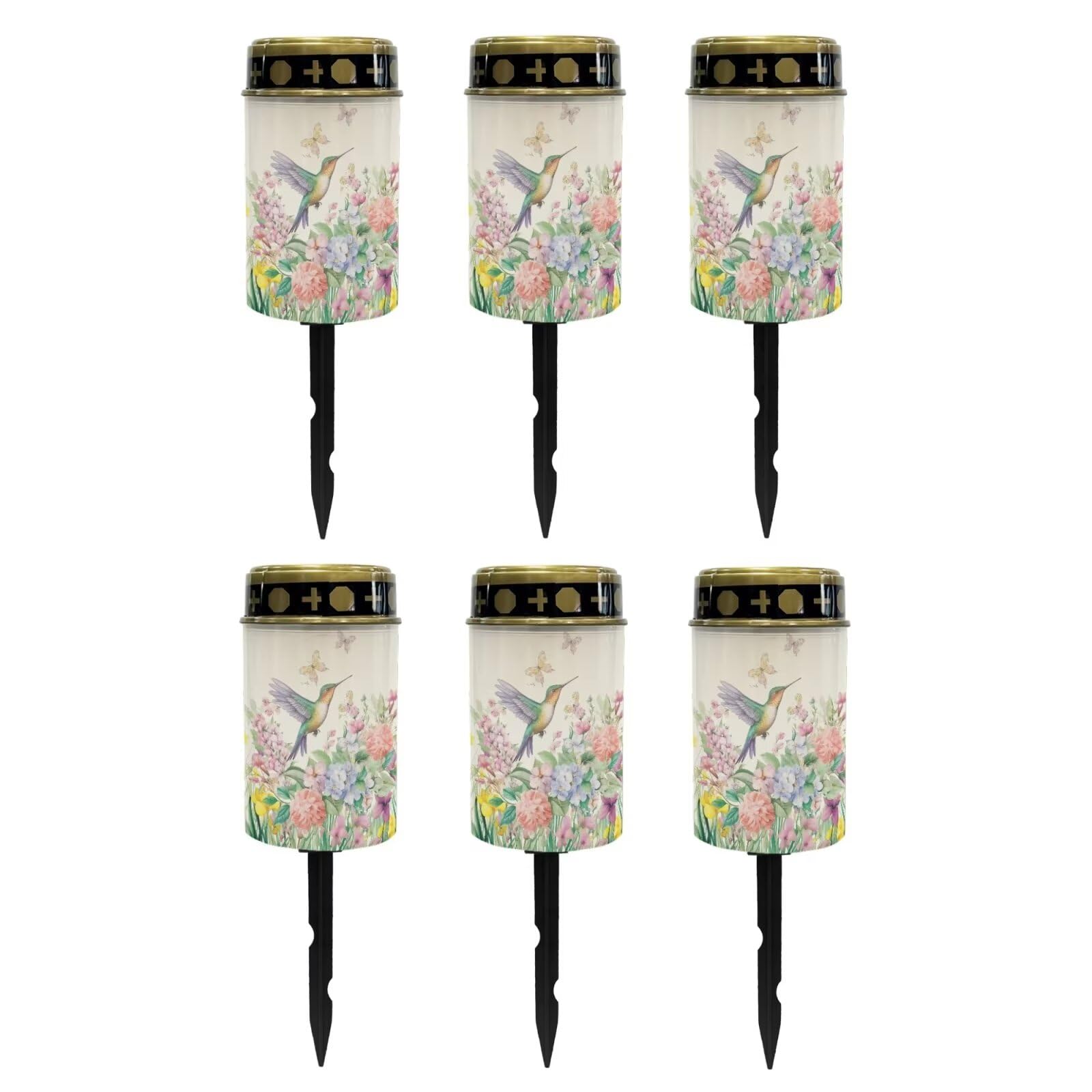 Poceacles Solar Lights Waterproof Solar Garden Lights Cemetery Solar Outdoor Lights Outdoor Stake Automatic Solar Lantern for Cemetery Grave Decoration, Hummingbird Flower Butterfly, Pack of 6