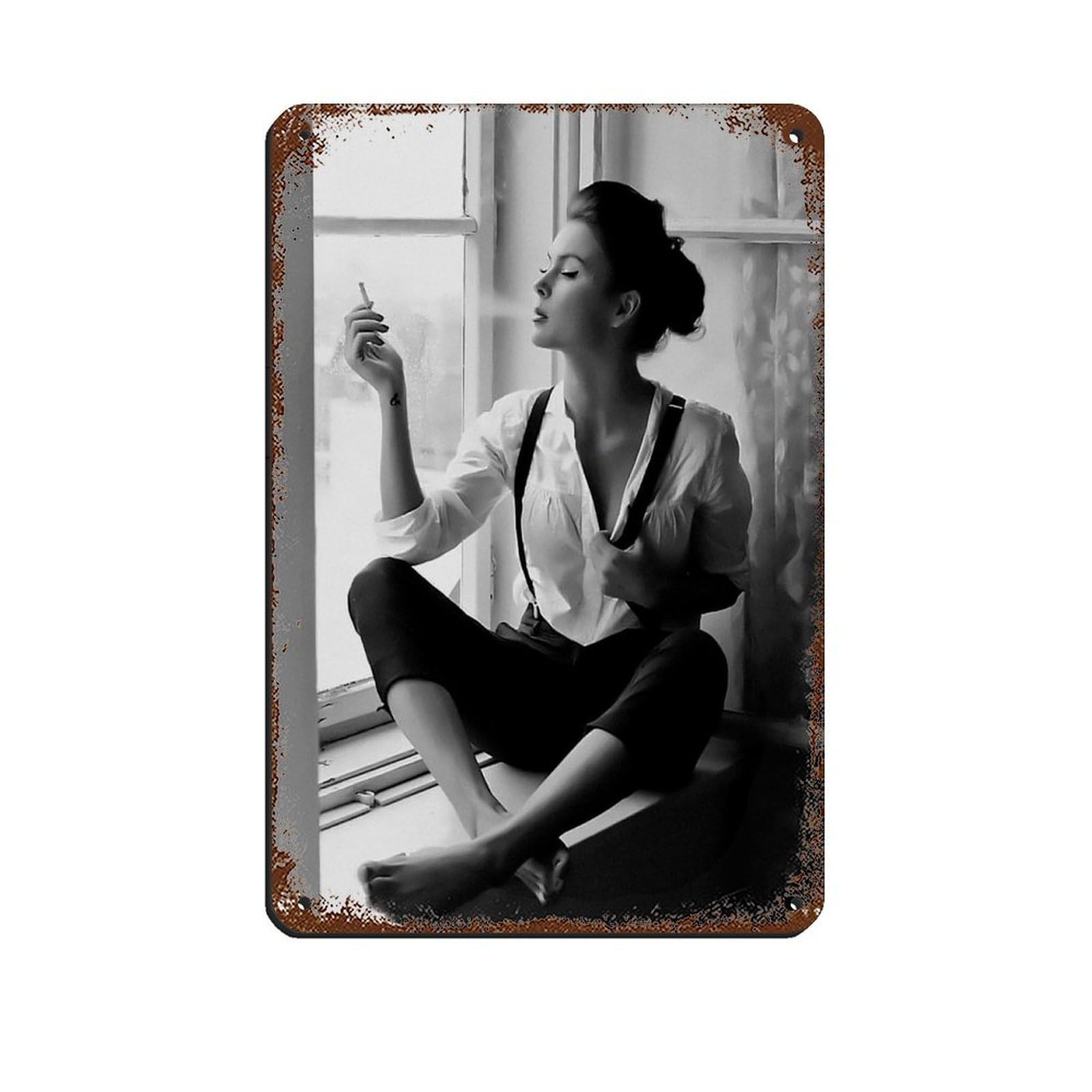 Woman Smoking in Window,Feminist Poster Retro Poster Metal Tin Sign Chic Art Retro Iron Painting Bar People Cave Cafe Family Garage Poster Wall Decoration 8x12inch(20x30cm)