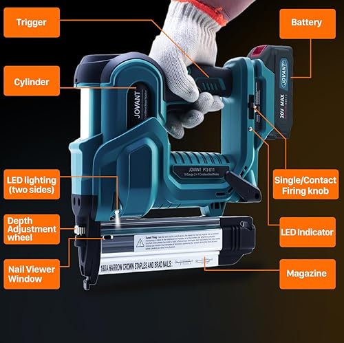 Miniatura 7 de Brad Nailer - Pistola de clavos eléctrica de calibre 18, clavadora de clavos 2 en 1 con 800 clavos y grapas, pistola de clavos con 2 baterías de 2.0