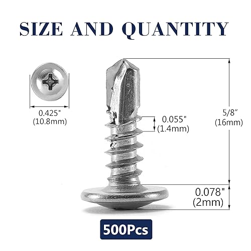 Miniatura 75 de Tornillos de chapa metálica de 2-1/2 pulgadas, 250 tornillos de acero inoxidable 410 tornillos autorroscantes rápidos de cabeza de armadura de acero