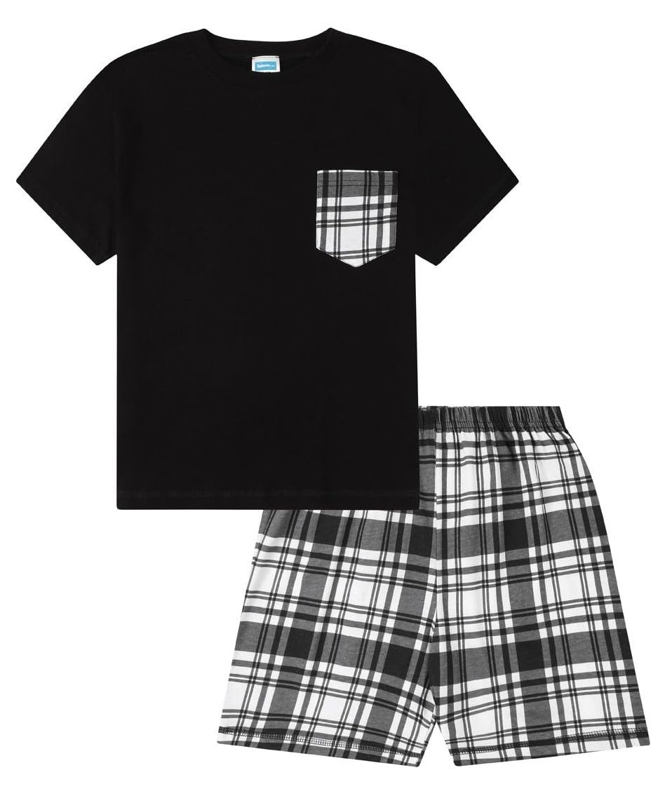 ThePyjamaFactory Mens Black Checked Short Pyjama Set