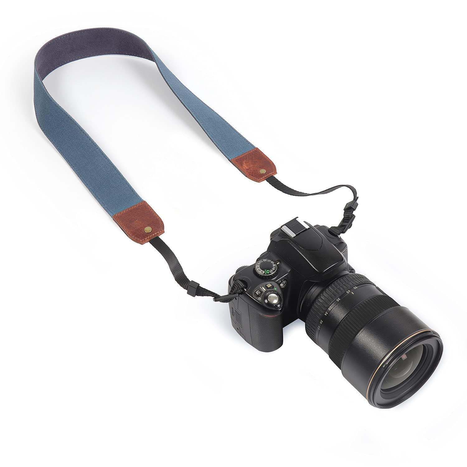 MegaGear Sangle d'épaule ou de Cou réglable en Toile et Cuir véritable (Marron/Bleu)